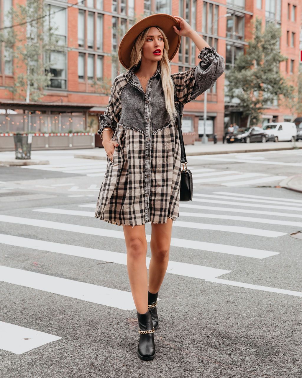 Chantye Pocketed Plaid Acid Wash Shirt Dress